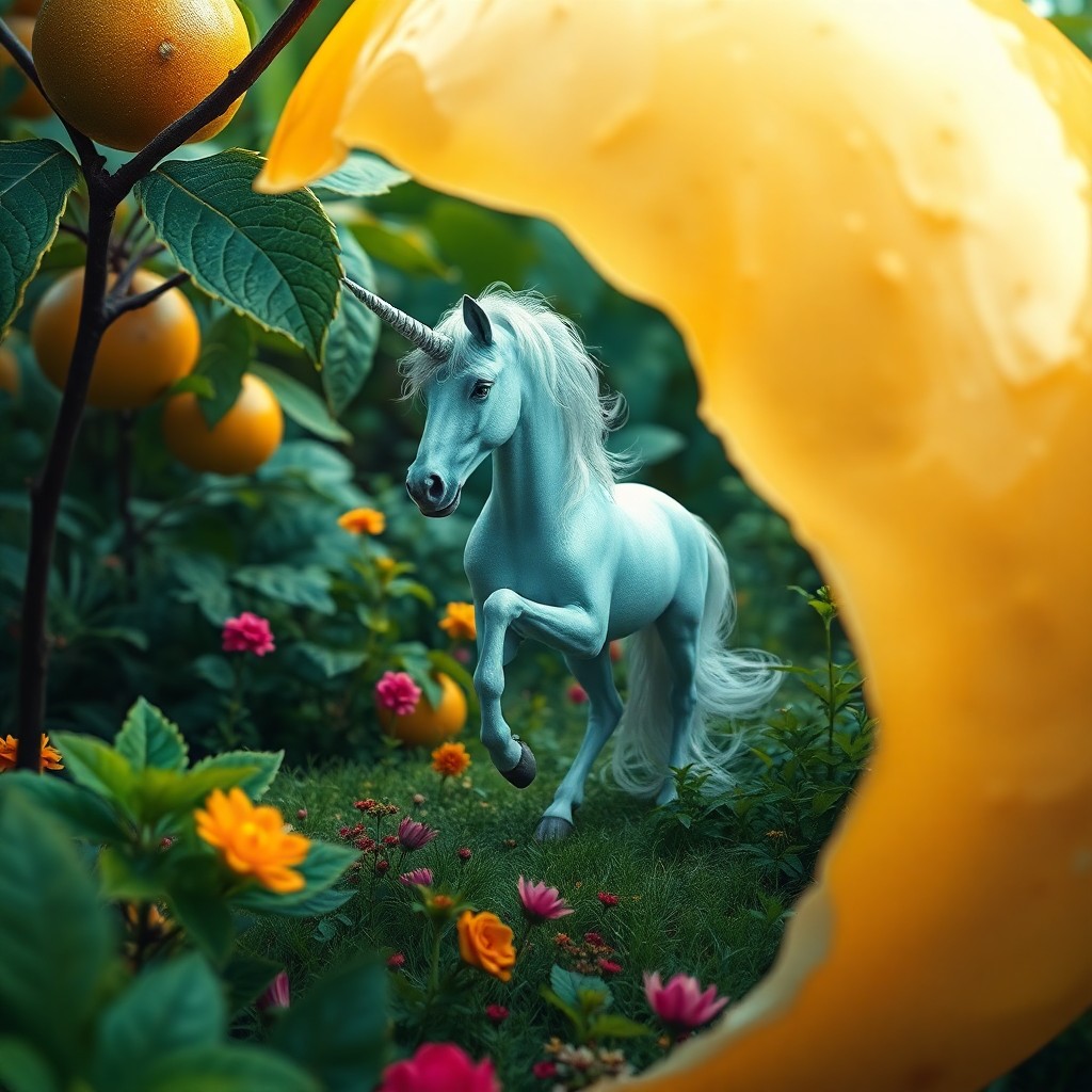 AI generated art for prompt: A surreal digital artwork showcasing an enchanting unicorn gracefully standing within an abundant ga