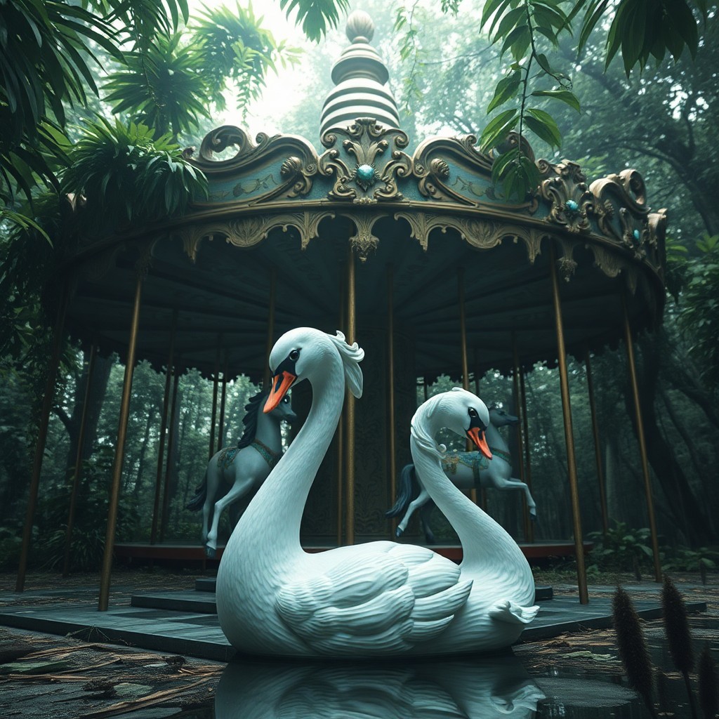 AI generated art for prompt: A surreal digital artwork depicting an abandoned carousel in a submerged amusement park from the per