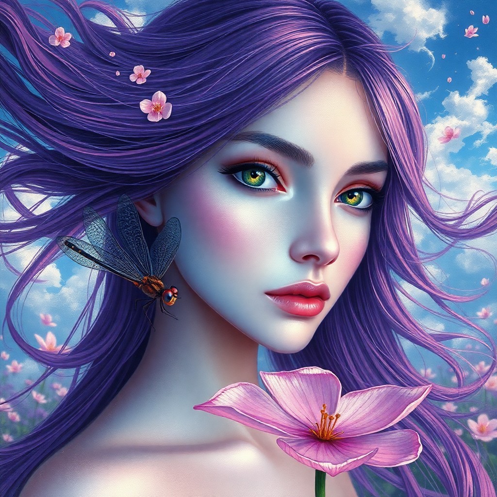 AI generated art for prompt: Create an enchanting portrait in the surrealistic vein, capturing a woman with flowing purple hair a