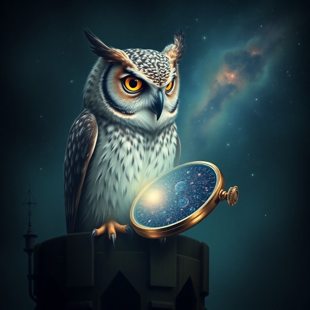 AI generated art for prompt: A surreal portrait depicting an wise old owl with human-like features, sitting atop a tower. The owl