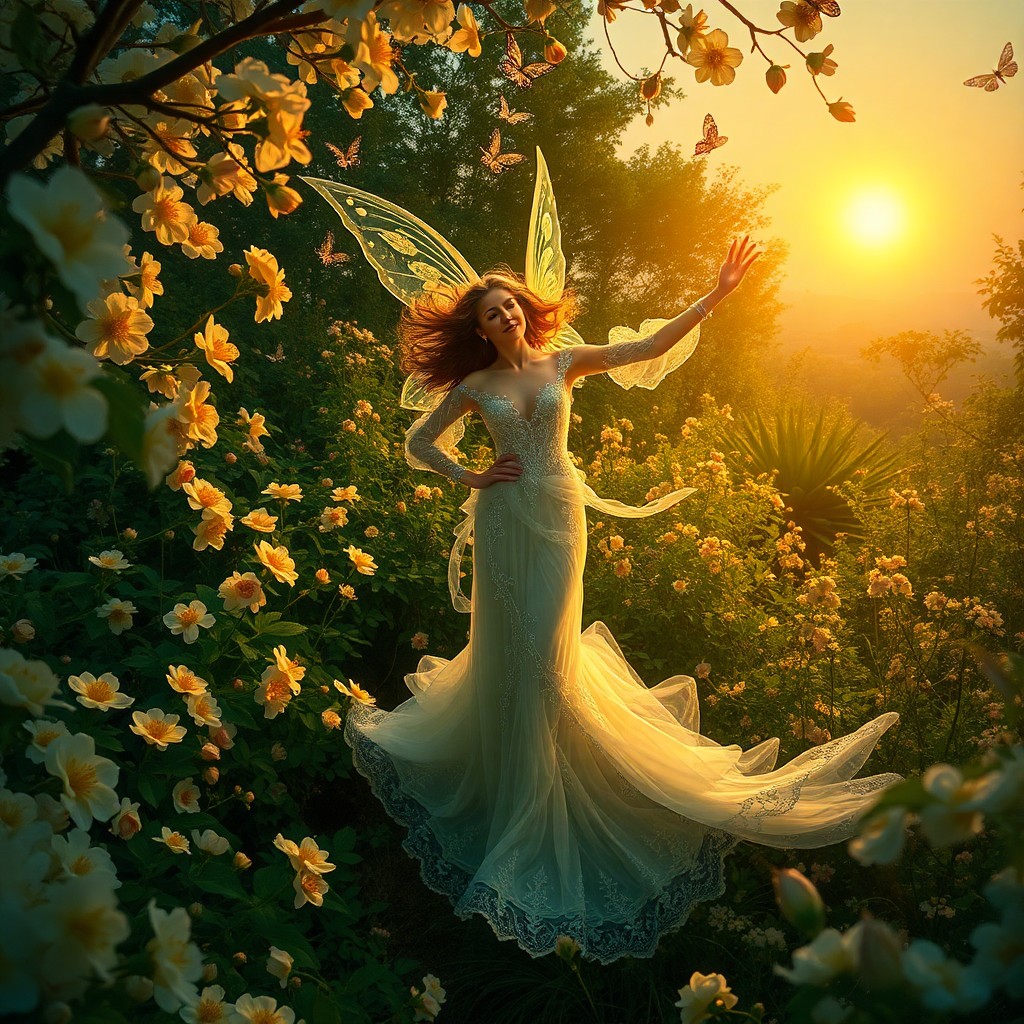 AI generated art for prompt: A mesmerizing image captures a celestial nymph gracefully dancing amidst a lush garden teeming with 