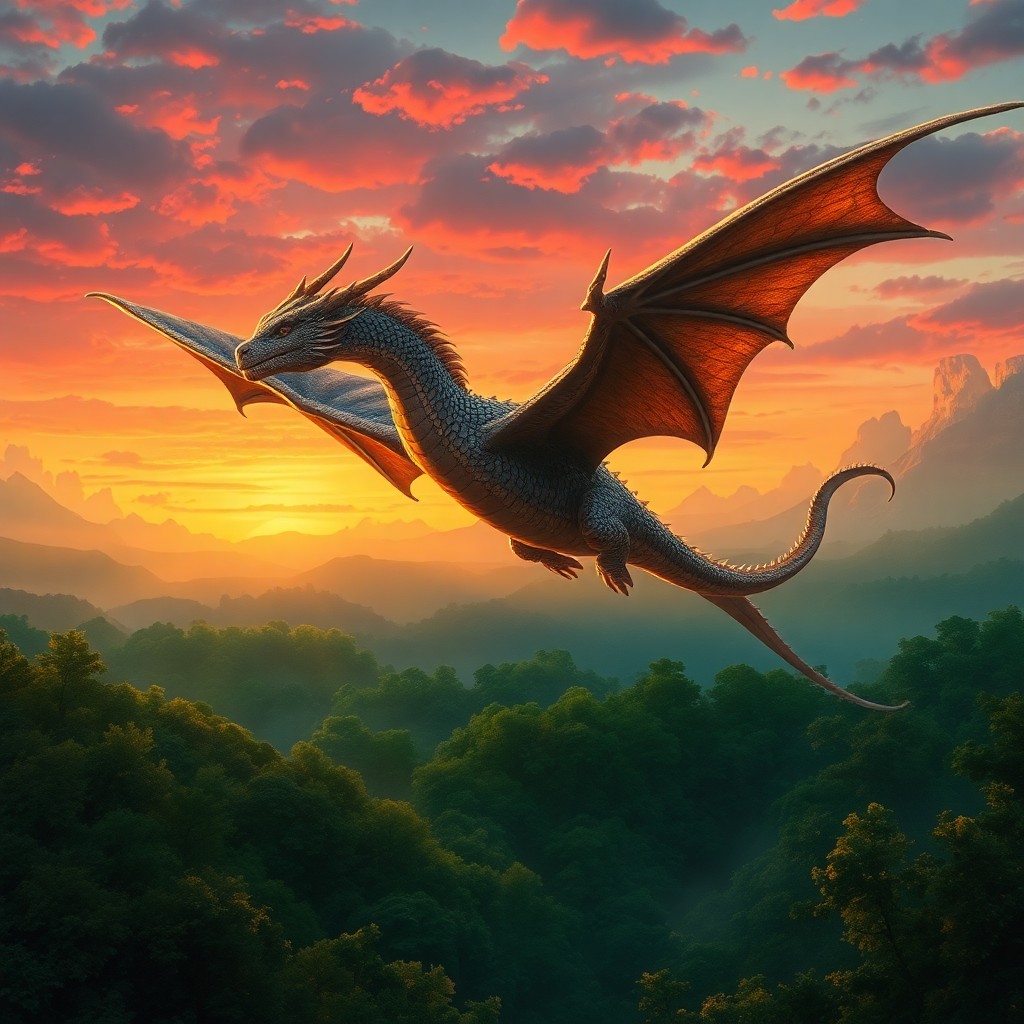 AI generated art for prompt: A mesmerizing digital artwork depicting an awe-inspiring dragon with shimmering scales soaring above