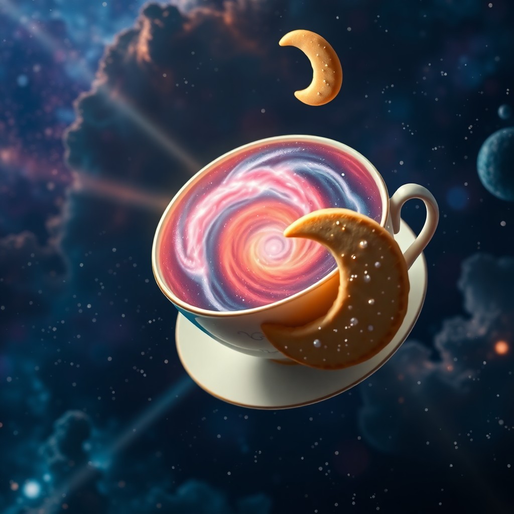 AI generated art for prompt: Imagine a whimsical tea party in the depths of outer space, captured from a 'bug's-eye view' reminis