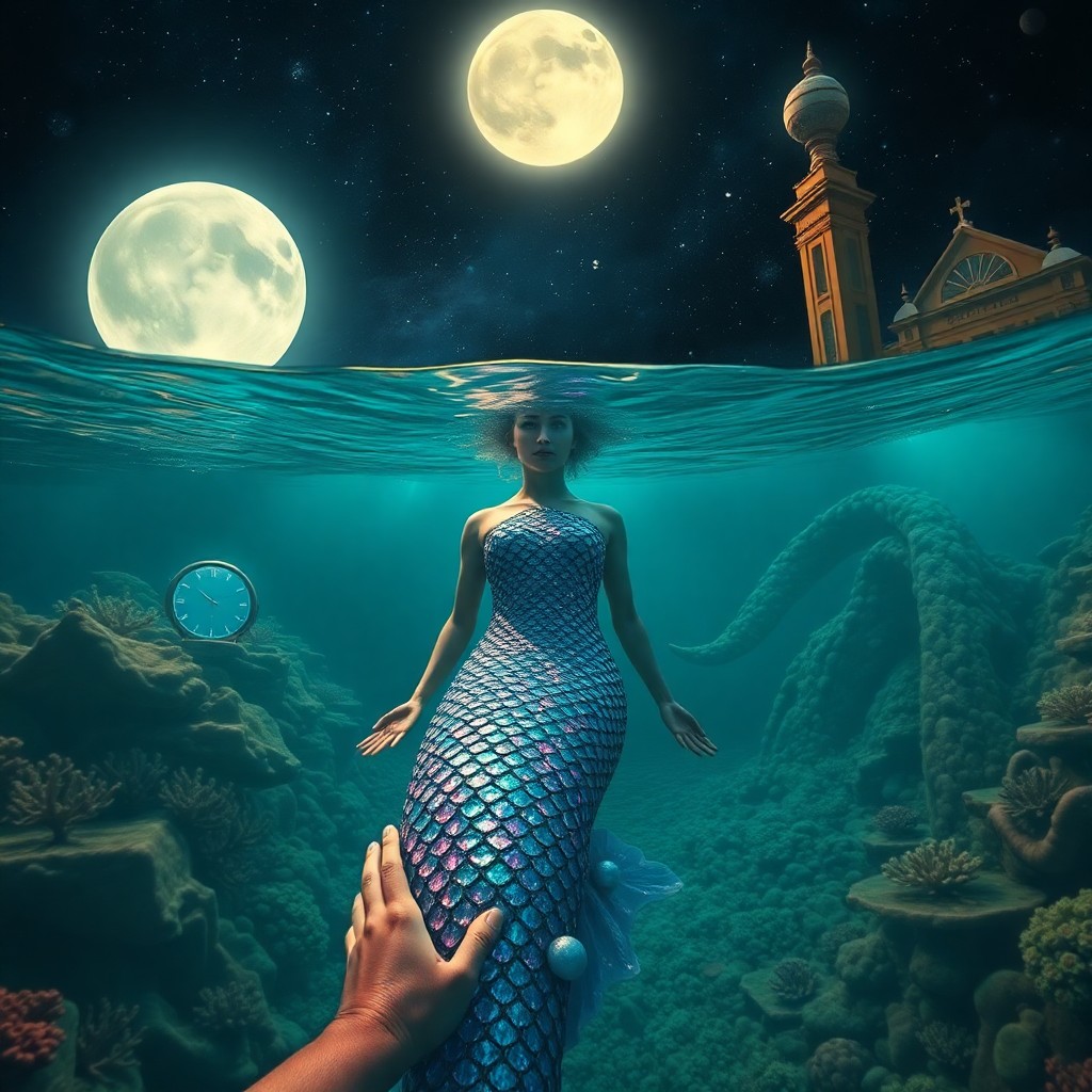 AI generated art for prompt: A surreal underwater scene depicts a mesmerizing mermaid gracefully surfacing from an illuminated se