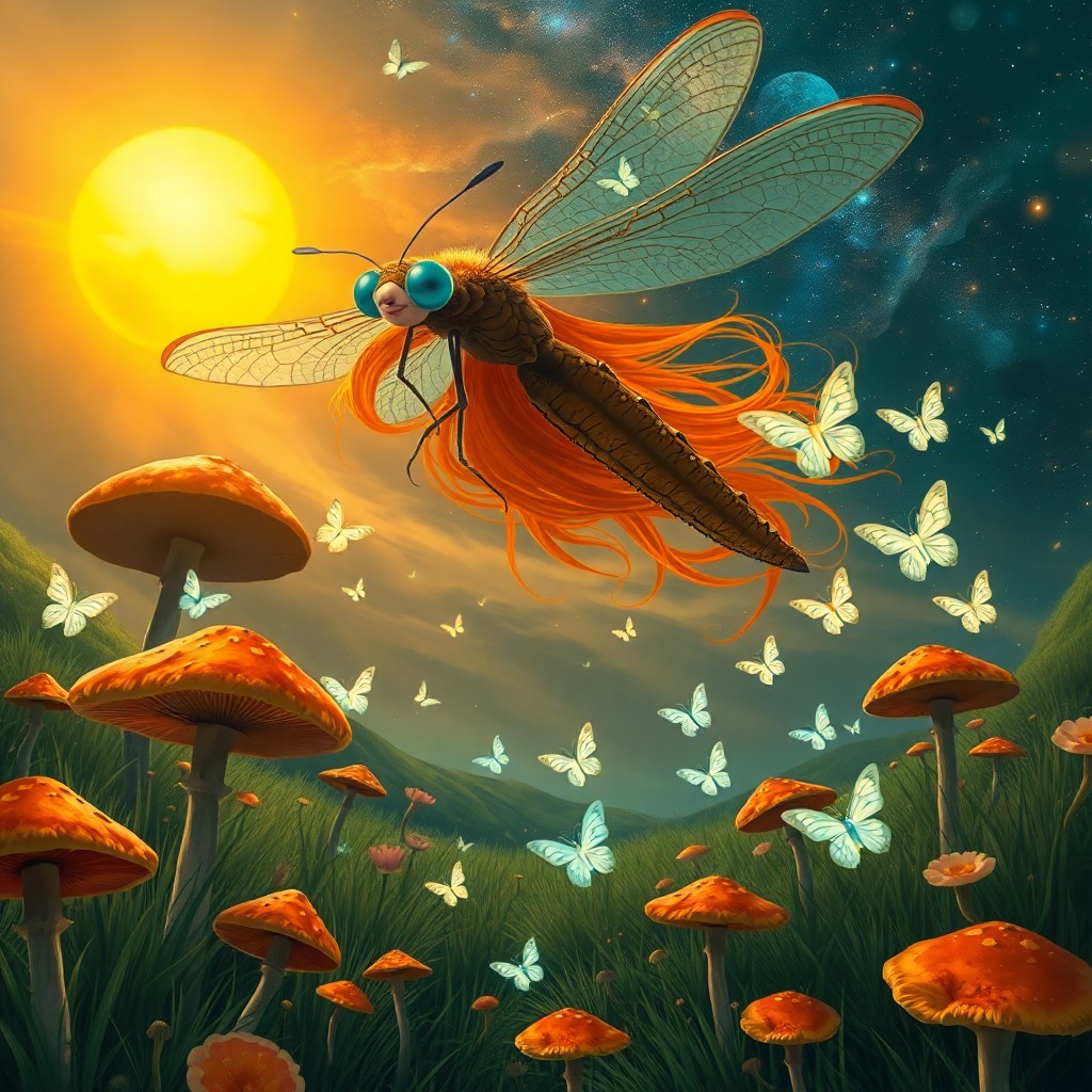 AI generated art for prompt: An imaginative digital art piece captures a whimsical 'bug's-eye view' perspective from an enchanted