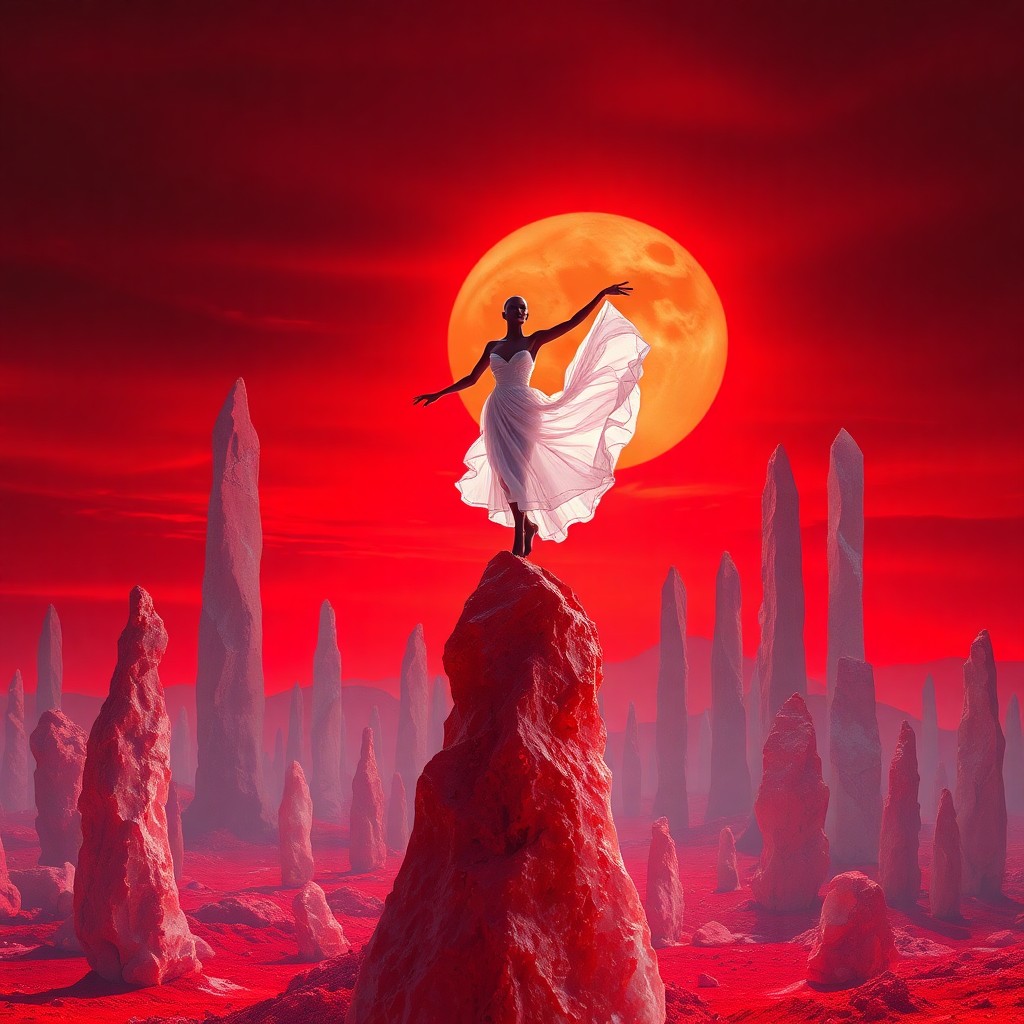 AI generated art for prompt: A surreal landscape emerges beneath a crimson sunset, evoking an otherworldly terrain reminiscent of