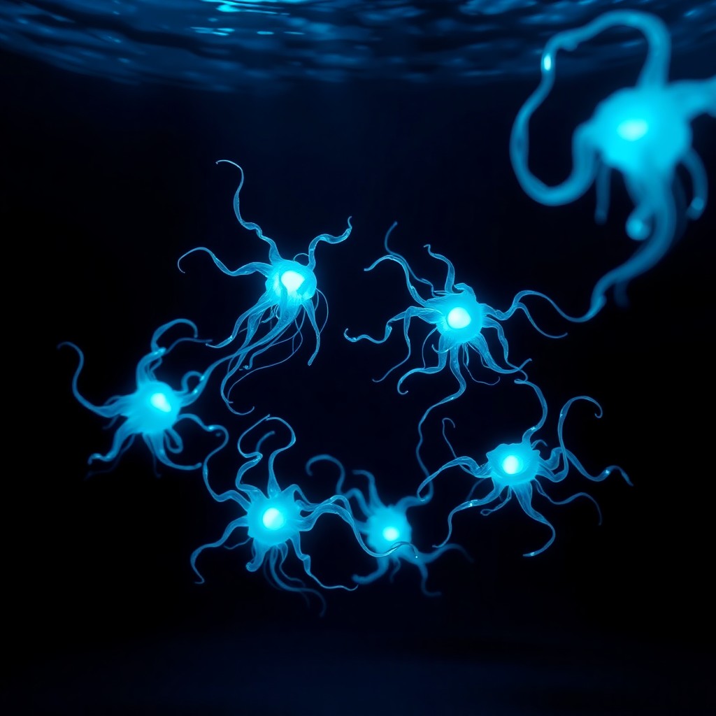 AI generated art for prompt: Visualize an underwater world, showcasing the captivating dance of bioluminescent creatures drifting