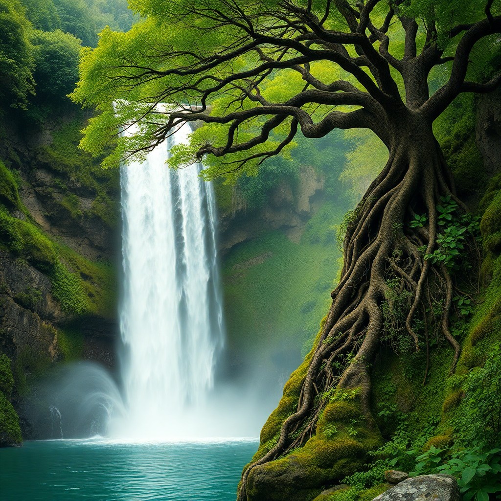 AI generated art for prompt: A serene waterfall tumbles down a verdant cliffside, capturing the essence of nature's beauty with r