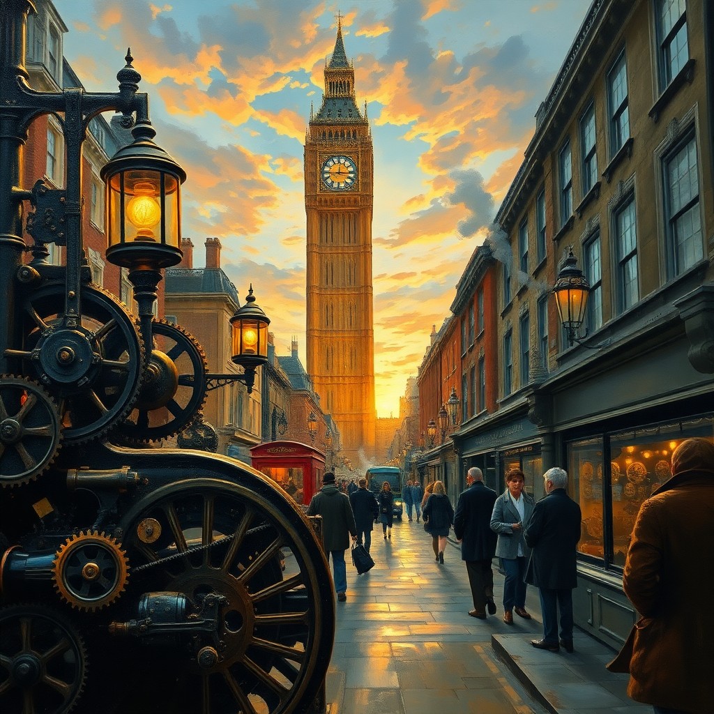 AI generated art for prompt: Envision an intricate oil painting capturing a lively Victorian-era London street at dusk from a chi