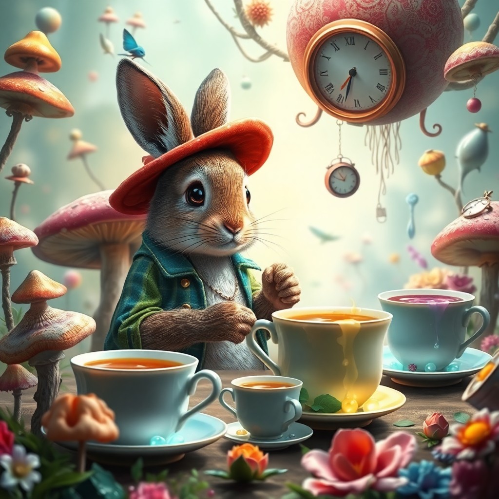 AI generated art for prompt: Imagine an enchanting digital art scene where Peter Rabbit, with his curious gaze and vibrant attire