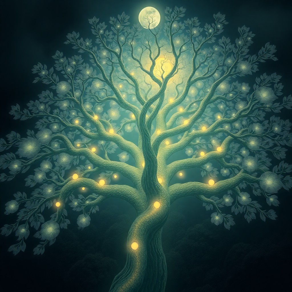 AI generated art for prompt: Create an enchanting aerial view of a colossal moonlit tree with an intricate lace-like structure br