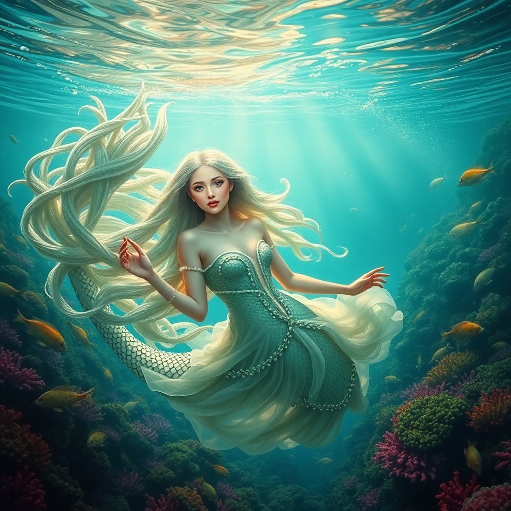 AI generated art for prompt: A serene underwater scene in the style of Renaissance masterpieces captures a captivating mermaid wi