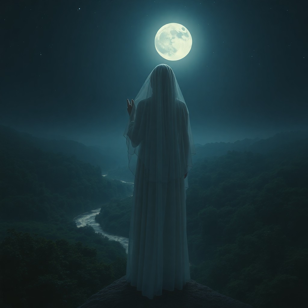 AI generated art for prompt: In the tranquil glow of a moonlit garden, depict an enigmatic figure draped in otherworldly attire, 