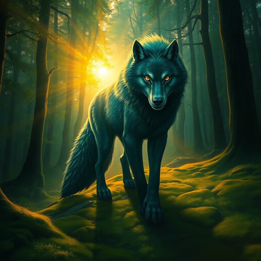 AI generated art for prompt: An enchanting digital painting portraying a mystical, half-human-half-wolf creature in a fantastical