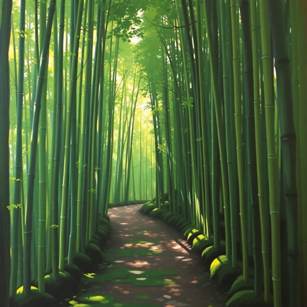 AI generated art for prompt: Envision an oil painting capturing a serene bamboo forest nestled in Japan's misty mountains, with b