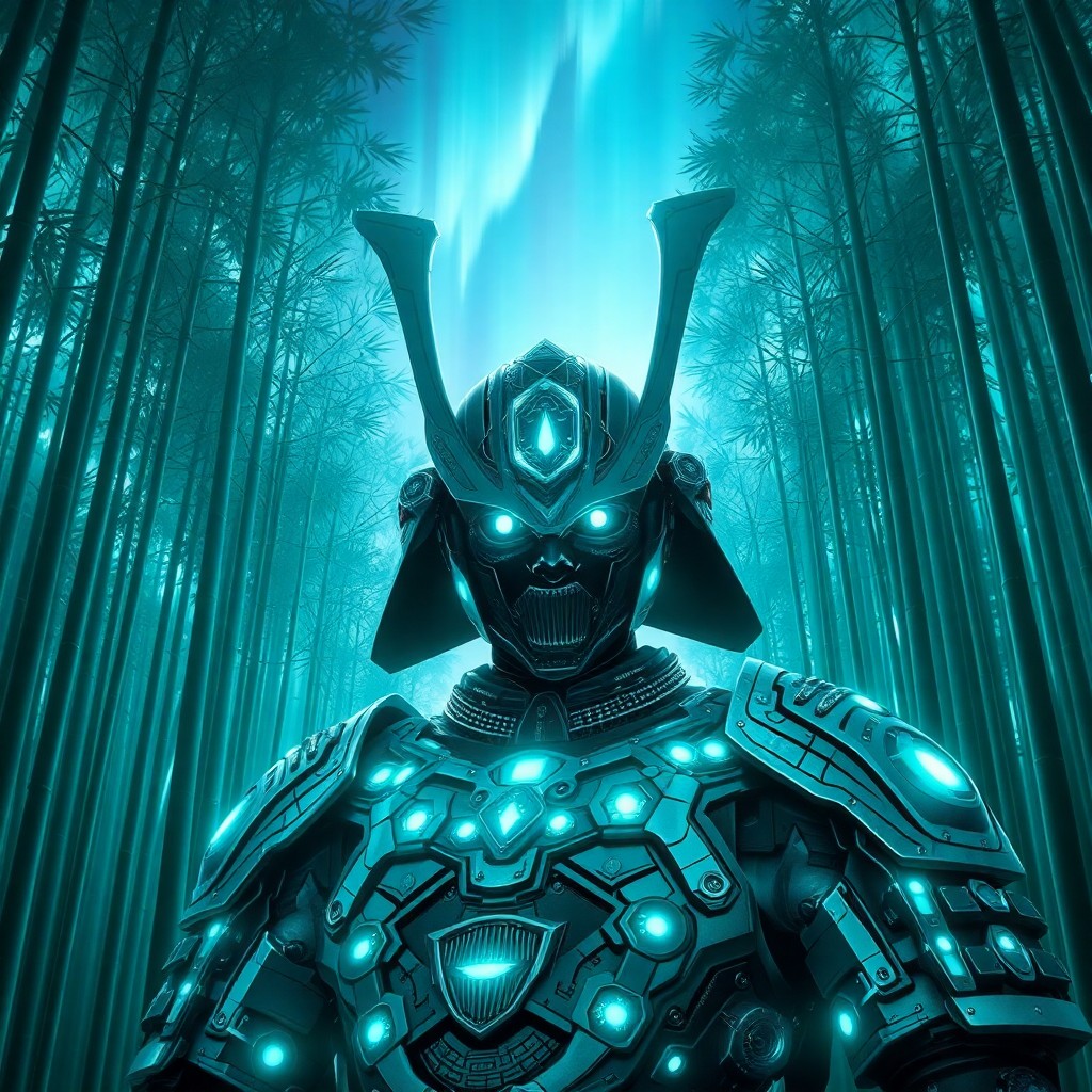 AI generated art for prompt: A hyperrealistic digital art portrait depicts a futuristic samurai standing in an ancient bamboo for