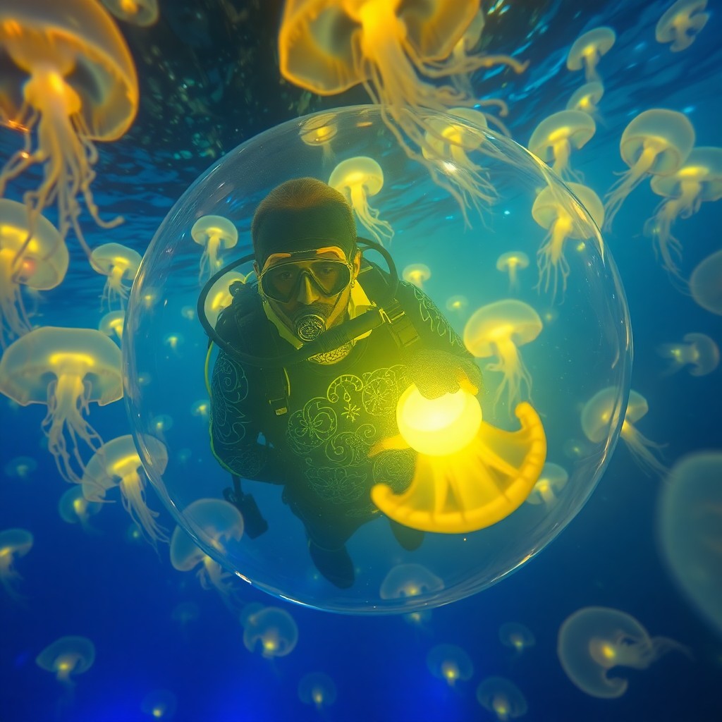 AI generated art for prompt: Visualize an enchanting digital artwork depicting a surreal underwater scene where luminescent jelly