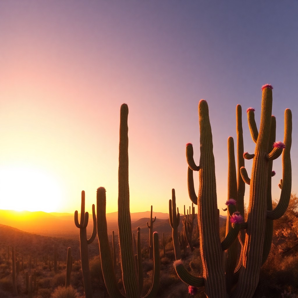 AI generated art for prompt: Imagine an expansive desert landscape bathed in the soft glow of golden hour light, as seen from a u