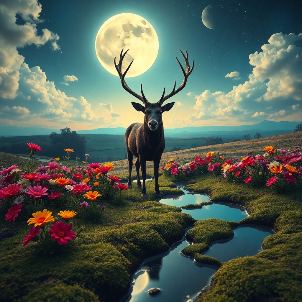 AI generated art for prompt: In the surrealistic style of Dali-inspired dreamscapes, an English countryside bathed in moonlight t