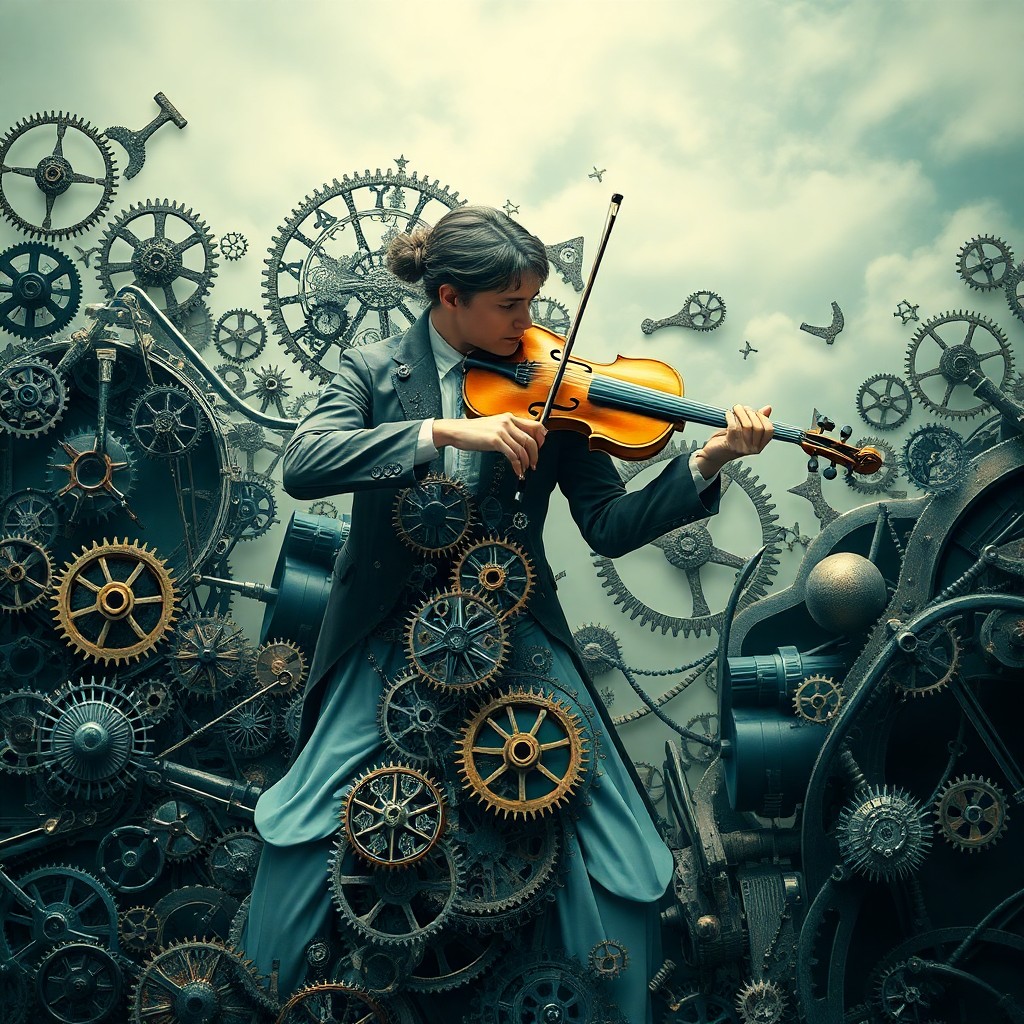 AI generated art for prompt: Craft an enchanting surrealist portrait featuring a classical violinist intertwined with a complex m