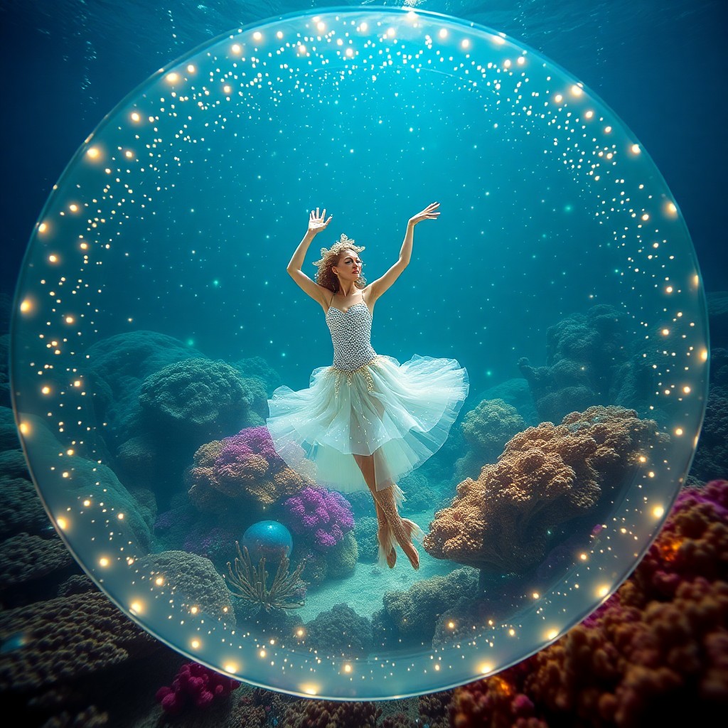 AI generated art for prompt: An underwater ballet comes to life in an enchanting coral reef environment, where countless glowing 