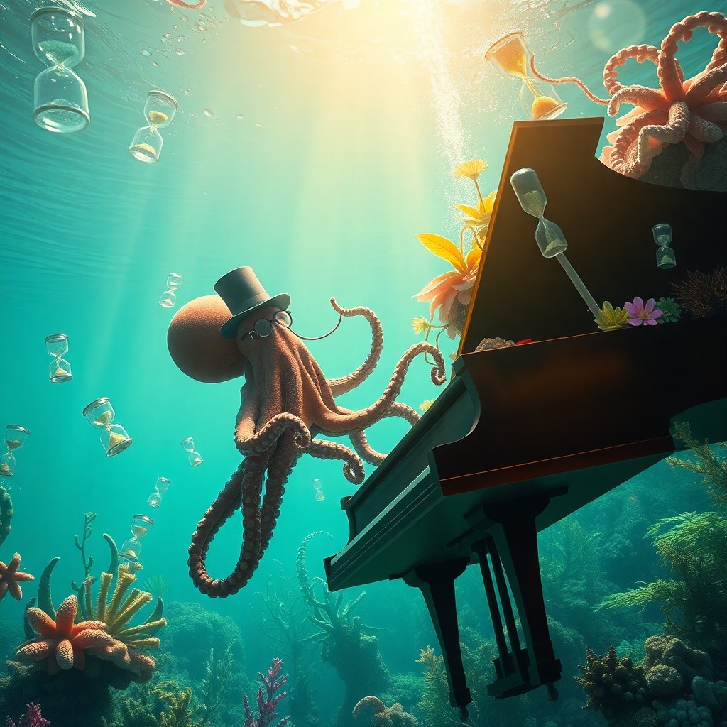 AI generated art for prompt: An enchanting underwater dreamscape featuring an octopus with a top hat and monocle skillfully playi