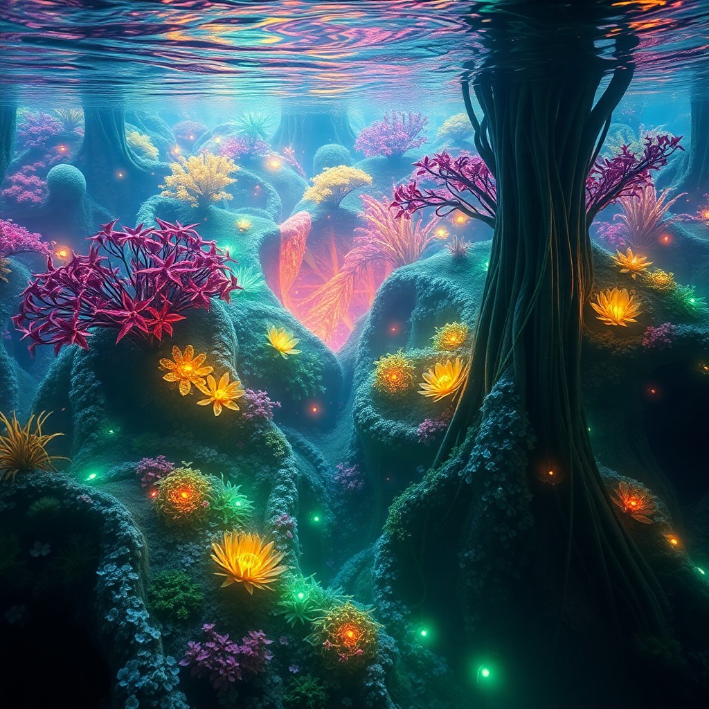 AI generated art for prompt: Imagine a surreal landscape where an idyllic garden intertwines with an underwater realm, as seen fr