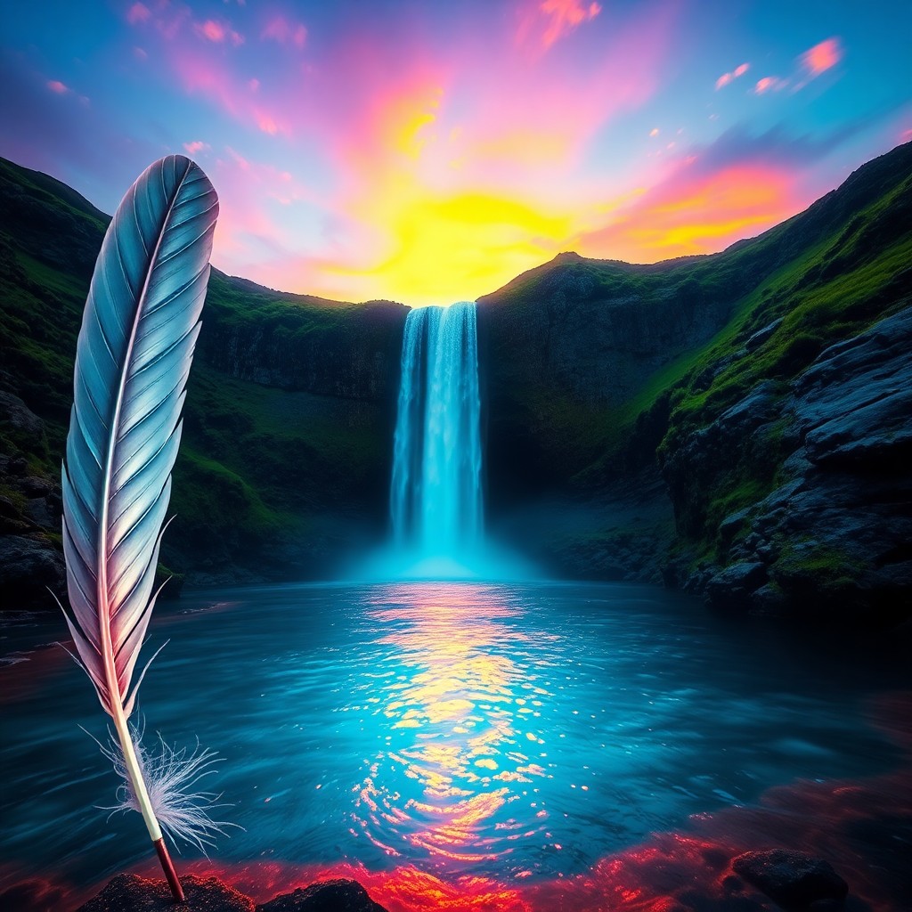 AI generated art for prompt: Imagine an enchanting landscape in a mystical style, capturing a celestial waterfall cascading into 