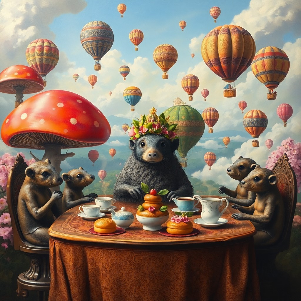 AI generated art for prompt: A whimsical oil painting captures a surreal floating island teeming with oversized mushrooms and che