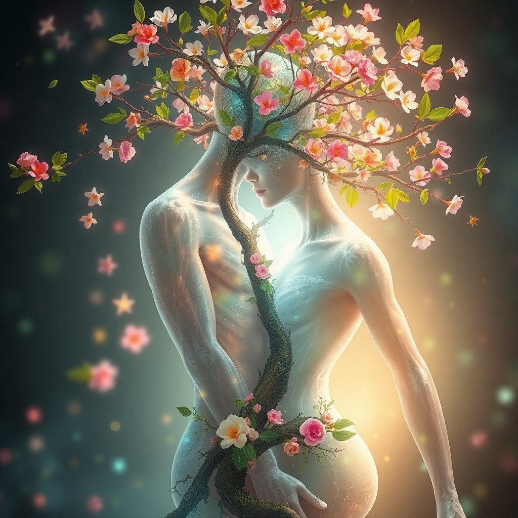 AI generated art for prompt: A surreal digital art piece showcases an intimate fusion between a human figure and an ethereal tree