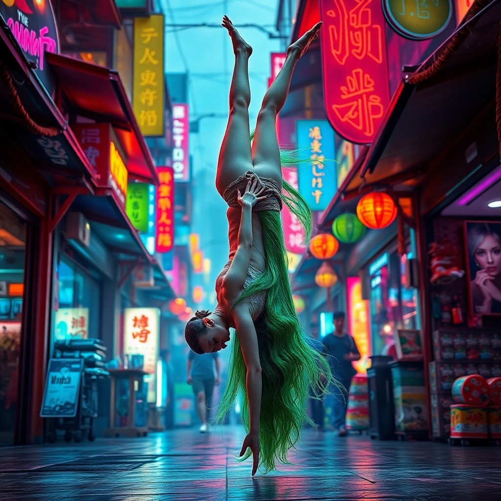 AI generated art for prompt: A serene female acrobat gracefully performs a handstand amidst the bustling cyberpunk market, her fl