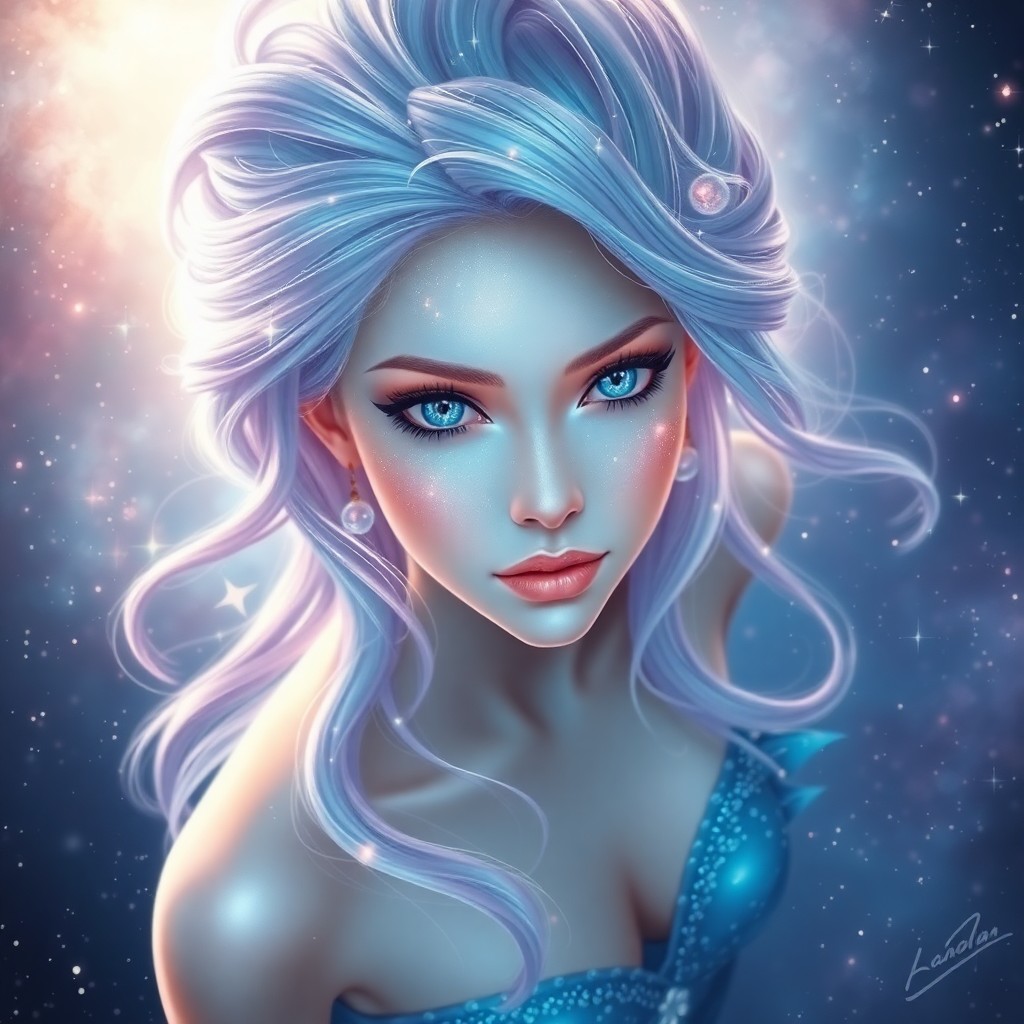 AI generated art for prompt: A digital art portrait depicting an ethereal mermaid figure with celestial features, her iridescent 