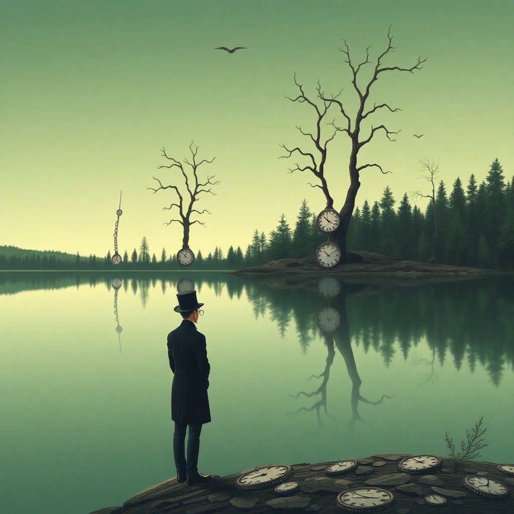 AI generated art for prompt: Visualize an exquisite vector illustration reminiscent of surrealism, depicting a tranquil lake with