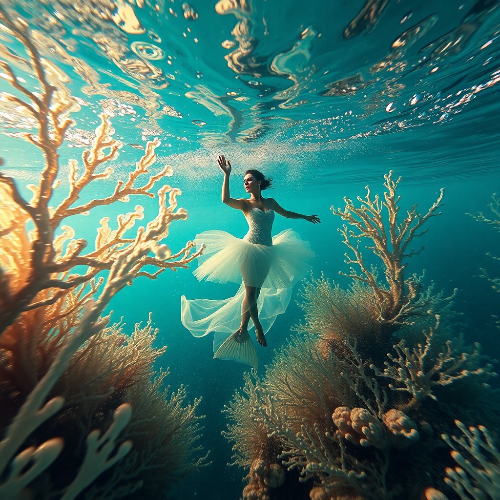 AI generated art for prompt: An image depicting a surreal underwater dance featuring a graceful mermaid amidst shimmering, glass-