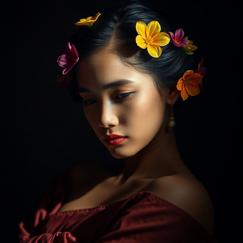 AI generated art for prompt: Craft an intimate portrait showcasing a woman with intricately styled hair featuring colorful floral