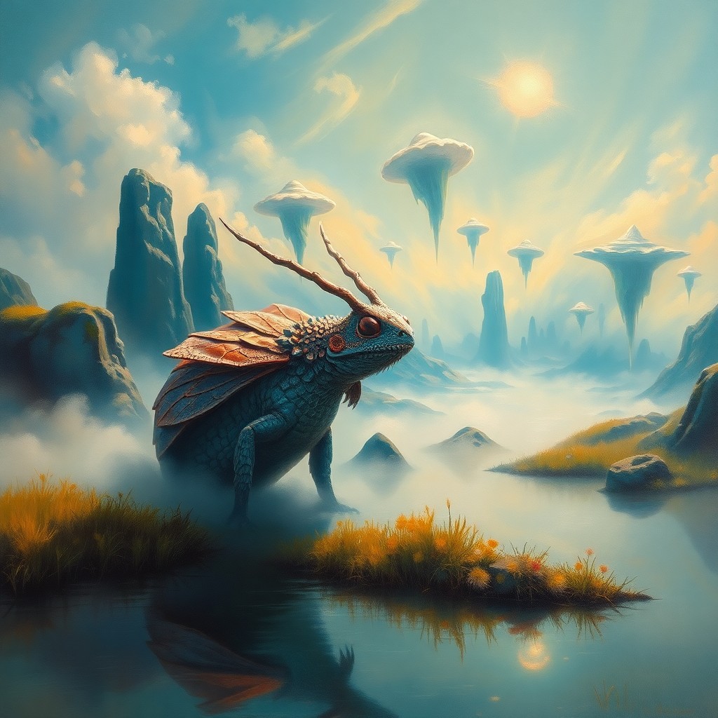 AI generated art for prompt: Imagine an oil painting that masterfully combines surreal landscapes with vibrant brushstrokes, depi