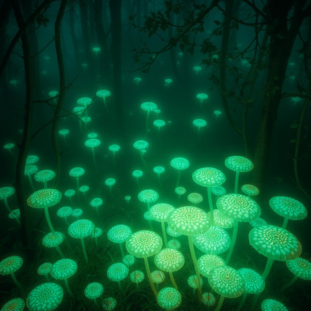 AI generated art for prompt: Visualize an enchanting, misty forest glade bathed in the soft glow of bioluminescent fungi, reminis