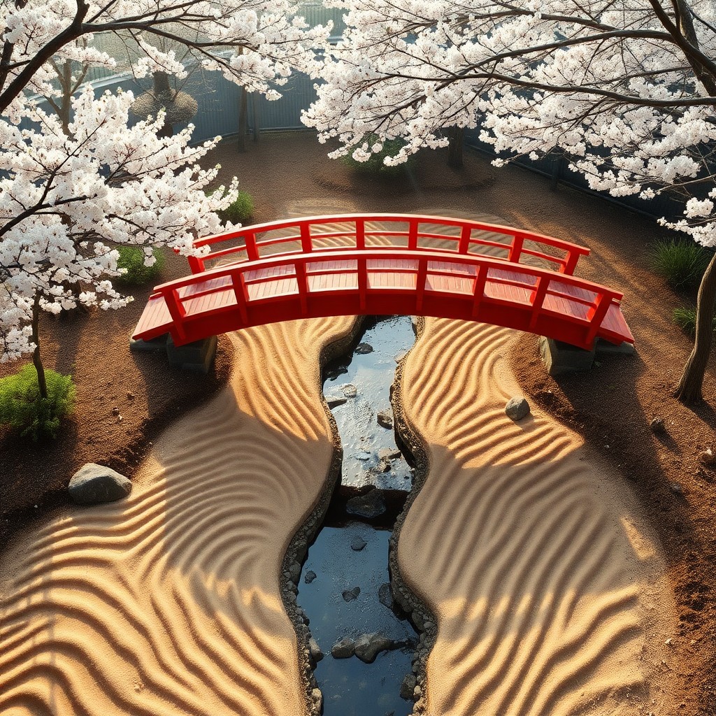 AI generated art for prompt: Picture an idyllic Zen garden, with an arching red bridge crossing over a winding stream. From above