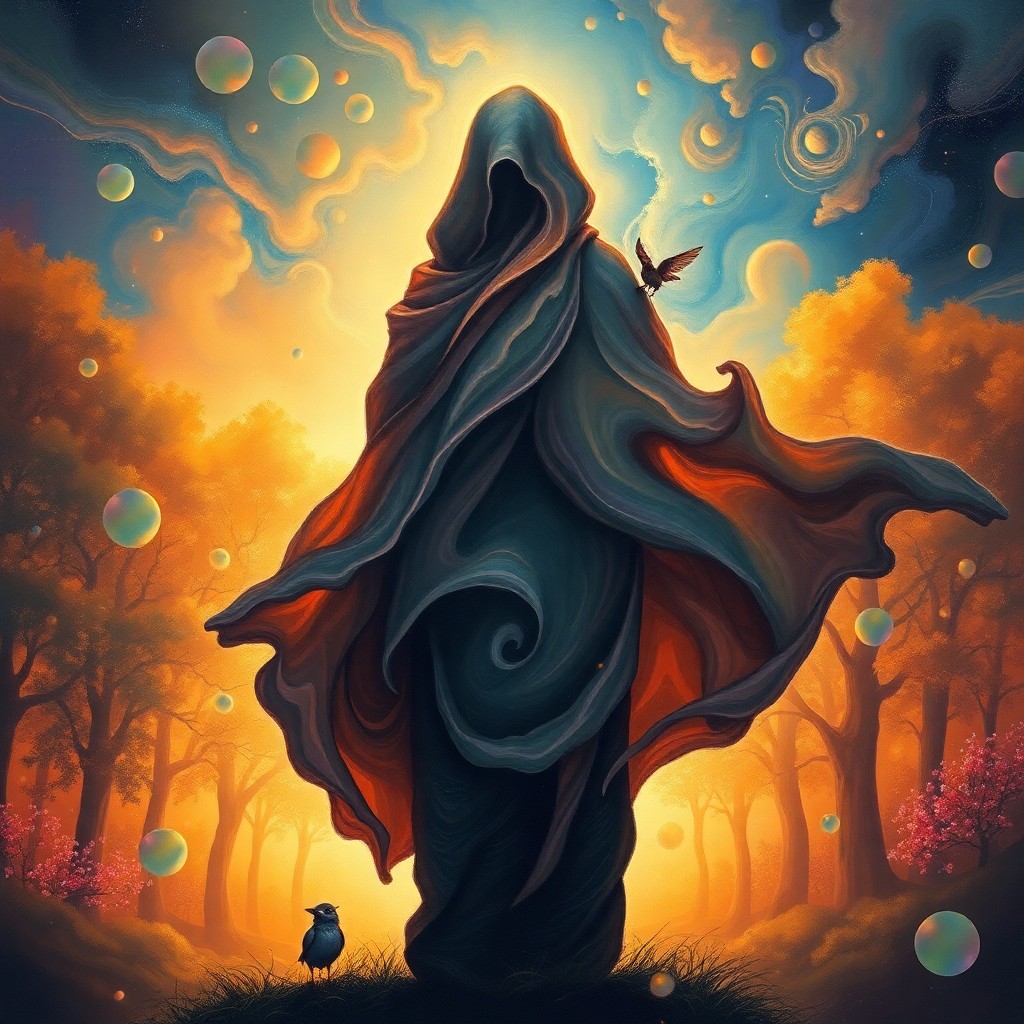 AI generated art for prompt: An enigmatic figure enveloped in billowing garments resembling the swirling skies of a famous painti