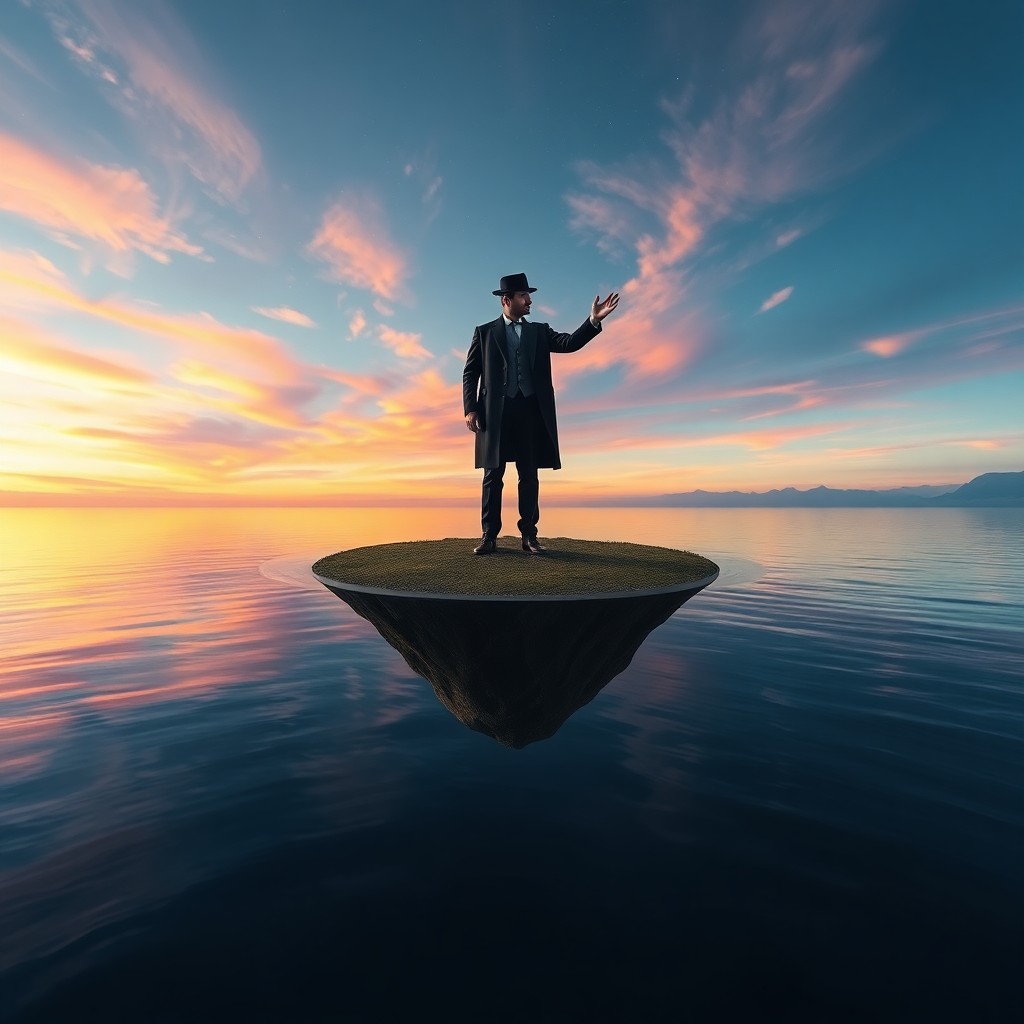 AI generated art for prompt: A surreal portrait depicts a lone figure standing on an island suspended above a vast body of water,