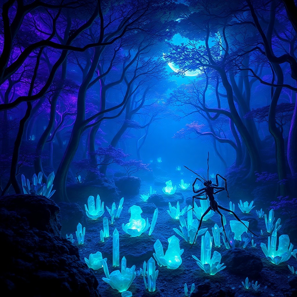 AI generated art for prompt: Create an image depicting a mystical forest beneath the surface of an alien planet, showcasing a hau