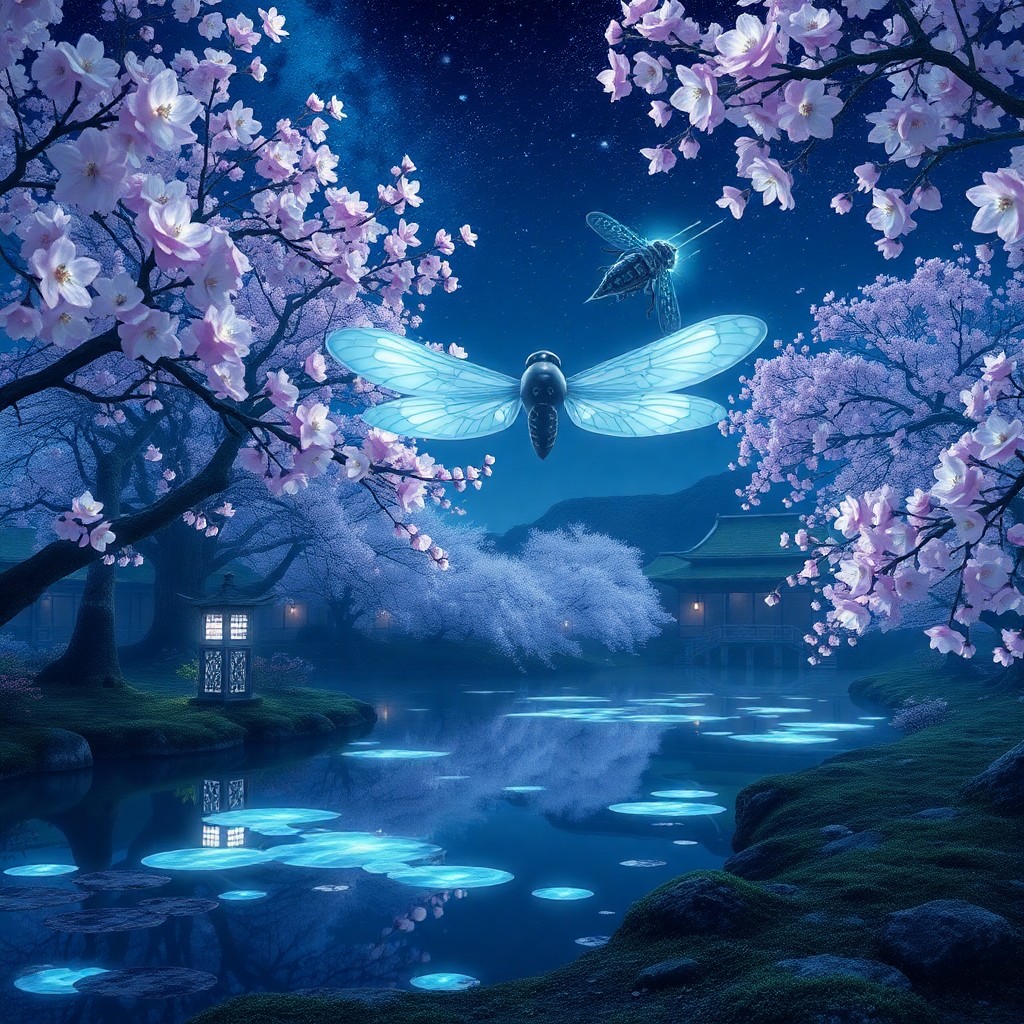 AI generated art for prompt: A digital artwork captures an ethereal view of a Japanese garden under the midnight sky, rendered in