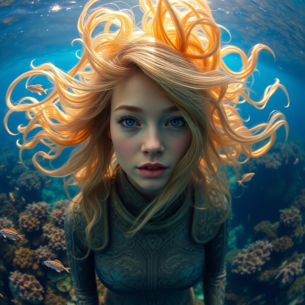 AI generated art for prompt: A surreal hyper-realistic portrait depicts a young woman with flowing, iridescent hair resembling un