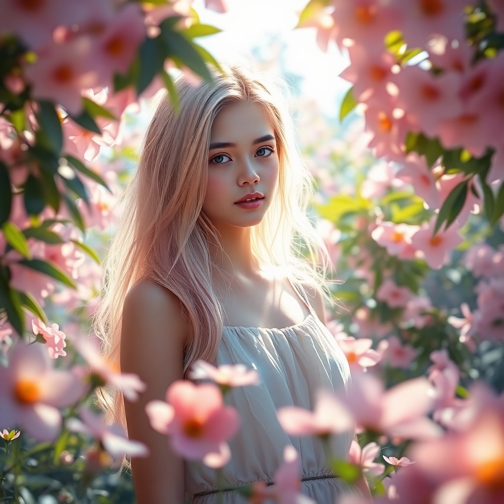 AI generated art for prompt: An impressionistic scene depicts a young woman with soft, pastel-hued hair standing amidst a lush ga