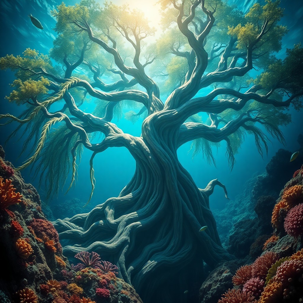 AI generated art for prompt: Dive into an otherworldly marine landscape where a colossal, time-worn tree arises from the ocean's 