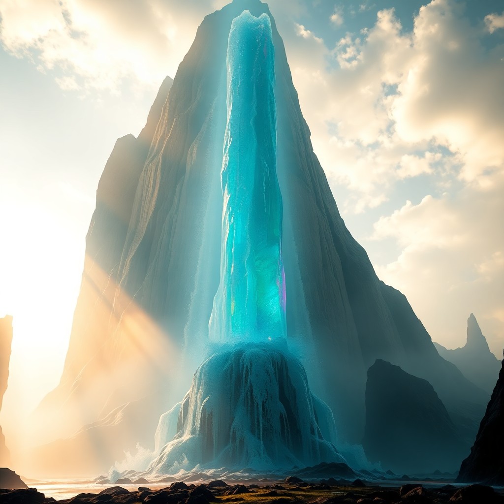 AI generated art for prompt: A surreal landscape featuring an awe-inspiring waterfall cascading from a colossal crystal spire, vi