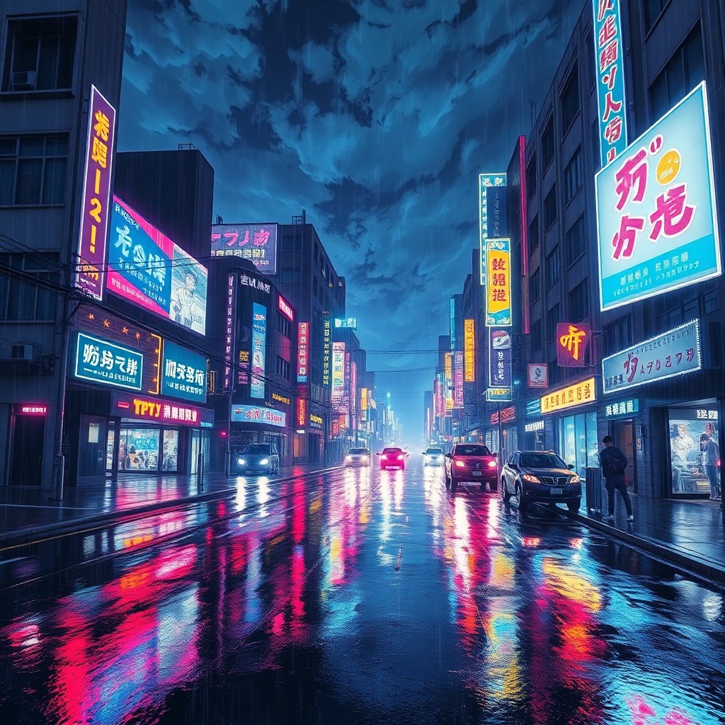 AI generated art for prompt: Imagine a nocturnal cityscape in the manner of Japanese cyberpunk animation, where neon lights inter