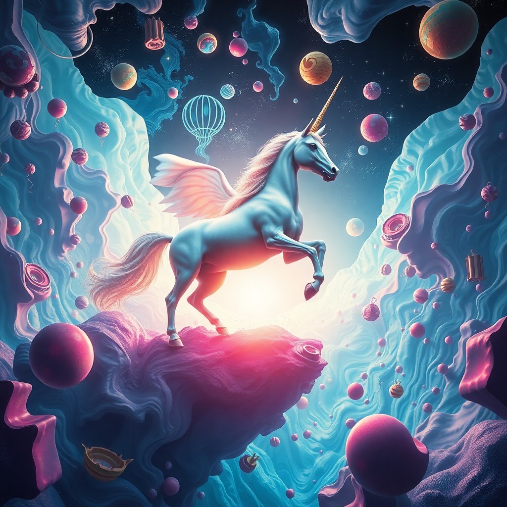 AI generated art for prompt: A surreal digital art piece depicting a regal unicorn gracefully galloping across an enigmatic dream