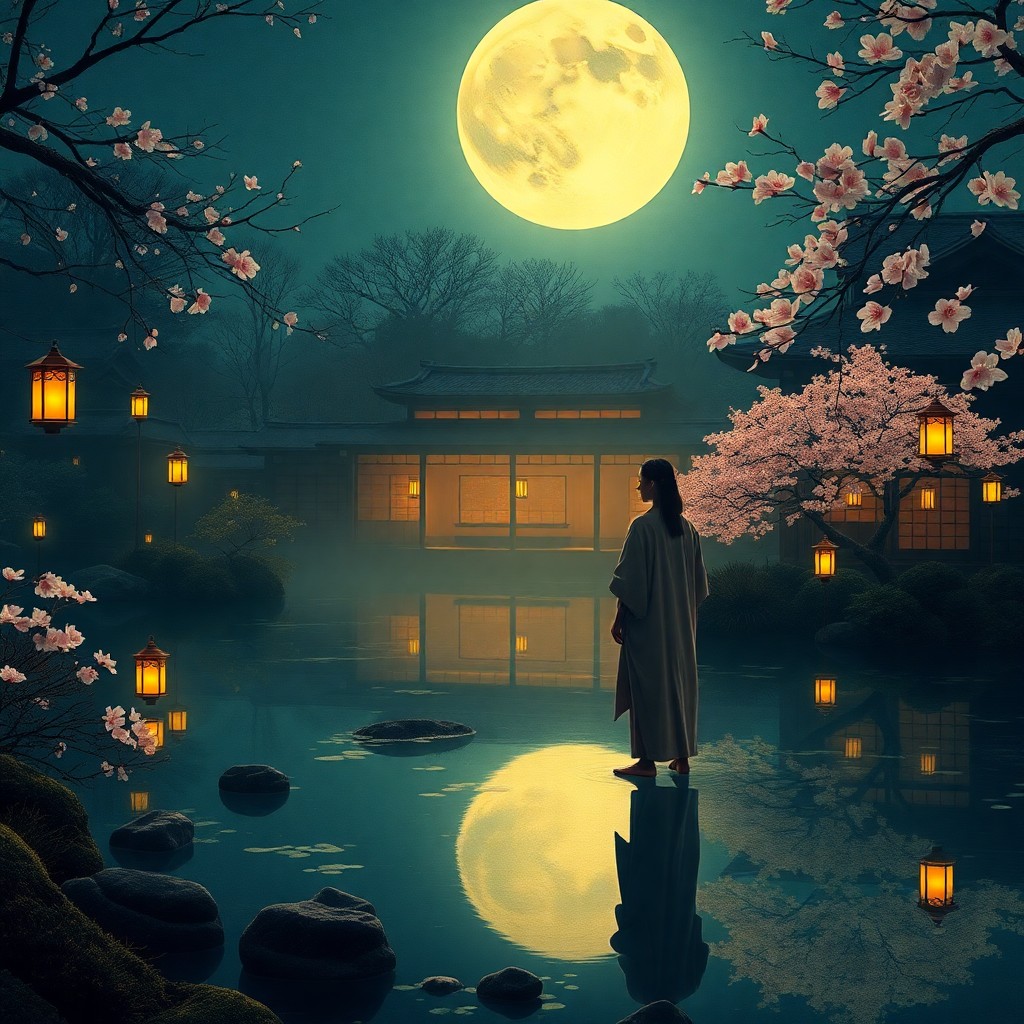 AI generated art for prompt: Imagine an enchanting moonlit scene in a timeless Japanese garden, bathed in the gentle radiance of 