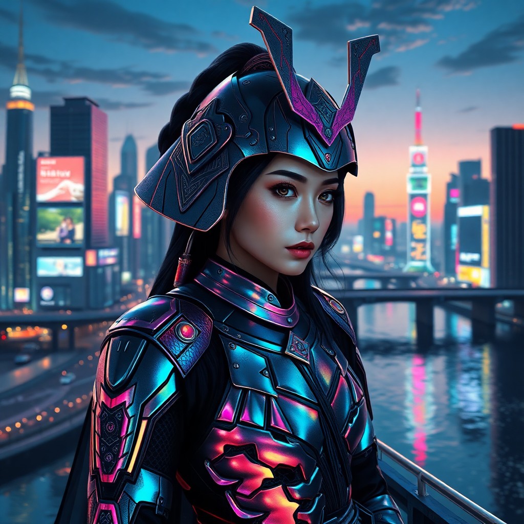 AI generated art for prompt: A hyperdetailed digital art portrait of a futuristic samurai woman with iridescent metallic armor, r